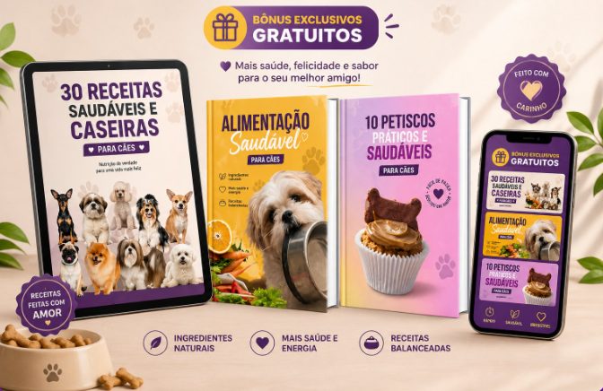 Capas do e-book 30 Receitas Saudáveis e Caseiras para Cães e dos três bônus